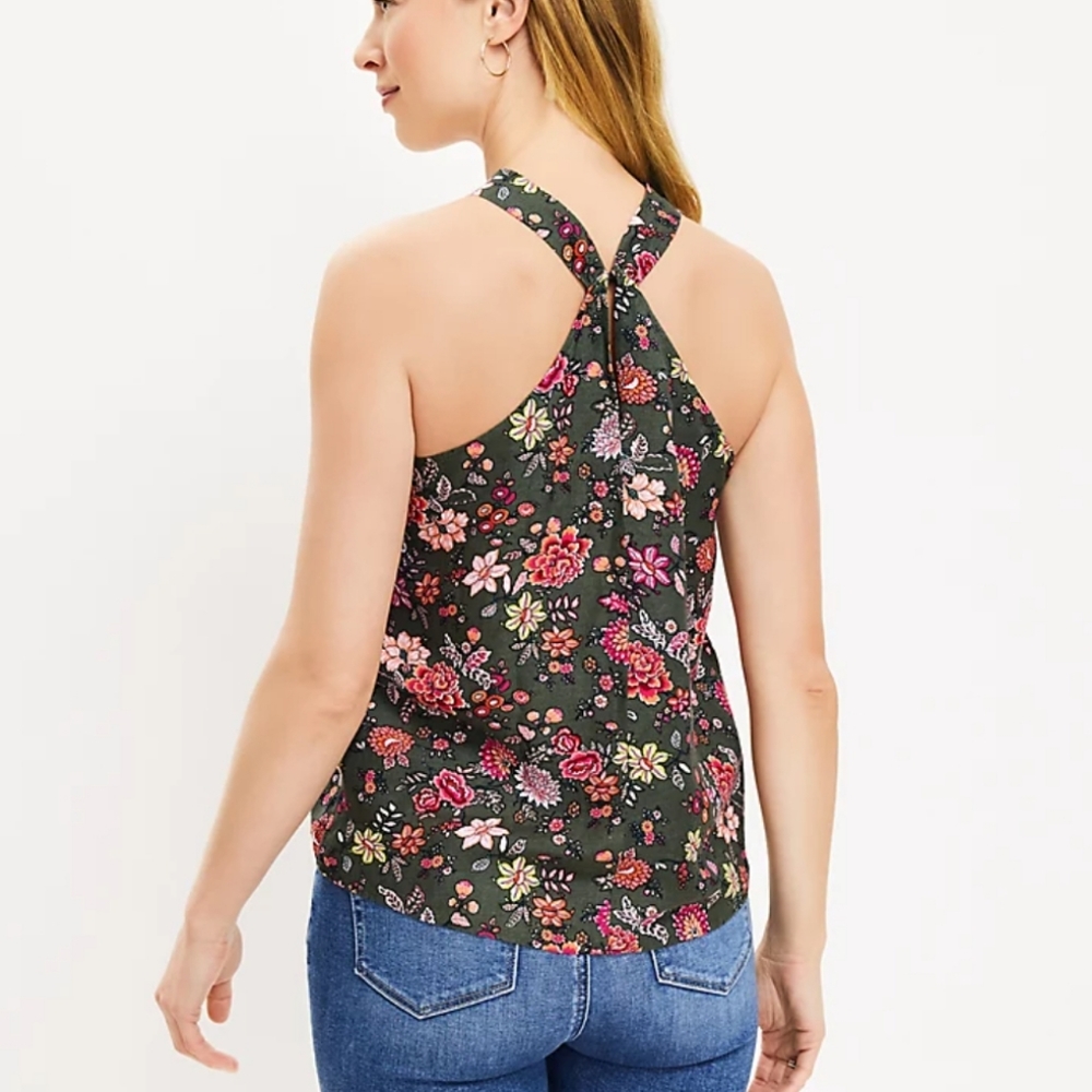 LOFT Olive Floral Halter Tank Top with Pink & Peach Flowers - Picture 12 of 12